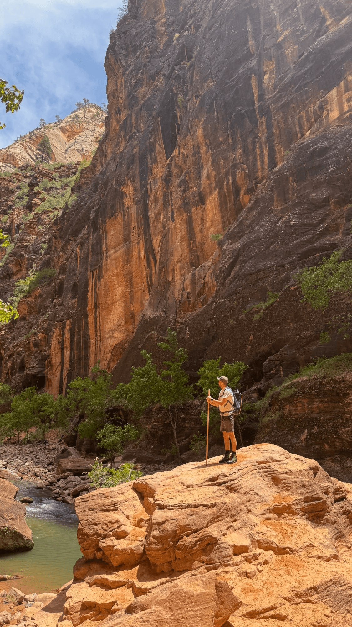 Standing on a rock in a red canyon at Zion National Park.